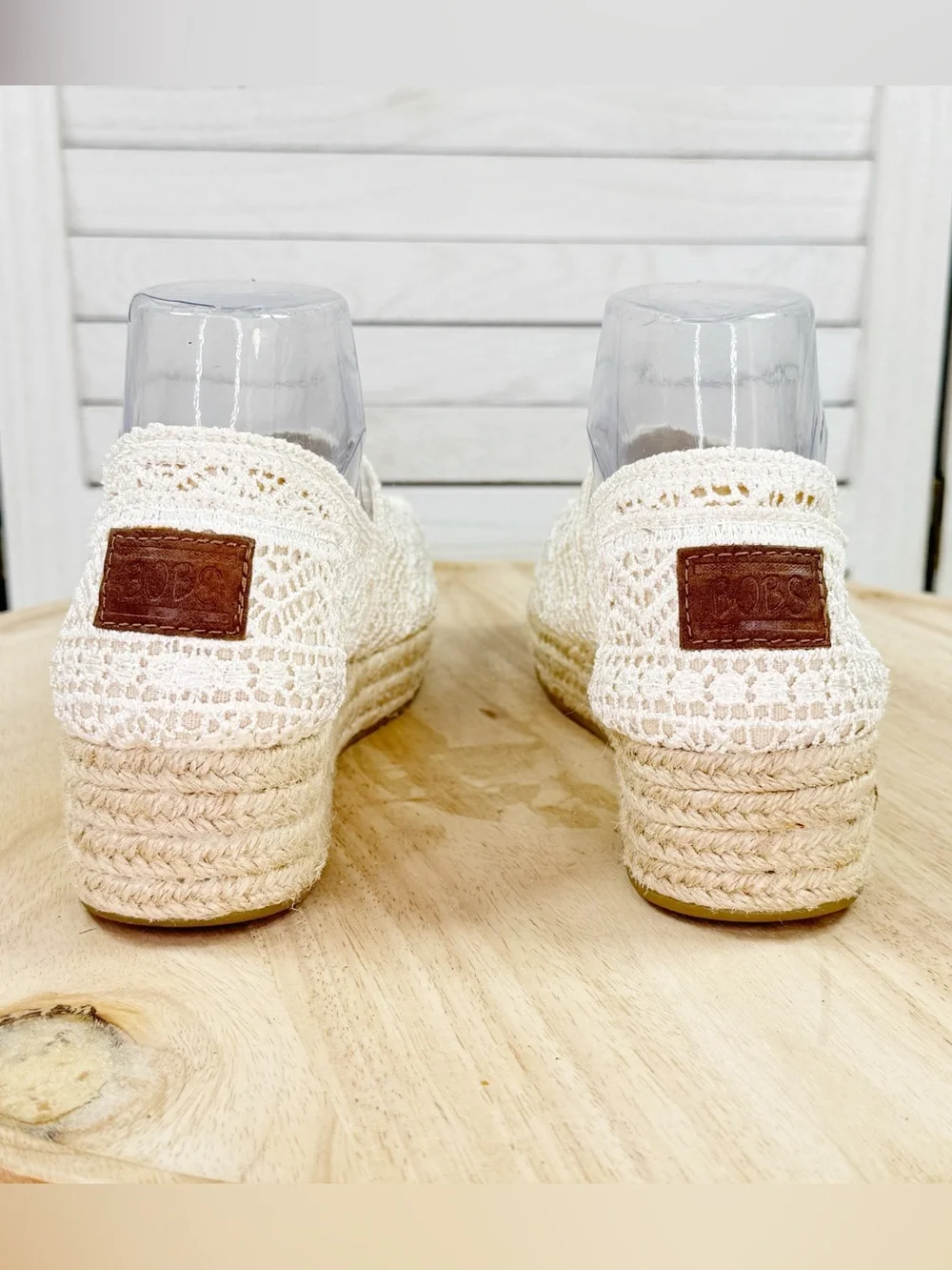 Bobs Skechers Crochet Lace Espadrille Wedge Slip On Shoes Ivory Cream 7 Boho